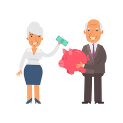Old businessman holding piggy bank and smiling. Old businesswoman holding banknote and smiling. Vector characters