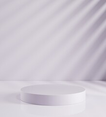 3D render, Illustration. A cylinder, podium, pedestal in soft pastel colors. Geometric shapes composition with empty space for product design show. Minimalistic. Studio background. Leaves shadow. 