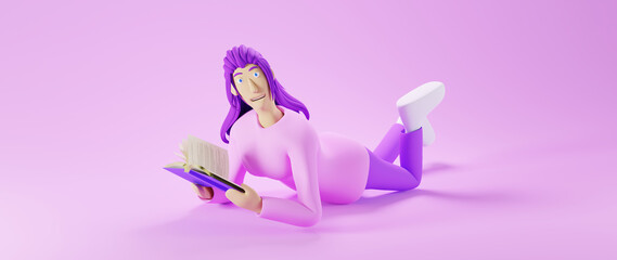 Education concept. 3d of woman read book on pink background. Modern flat design isometric concept of Education. Back to school.