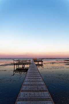 Pontoon at sunset on the Etang de Thau, south of France