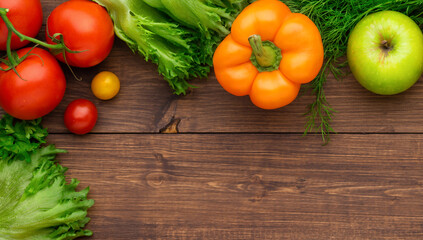 Selection of fresh products for preparing healthy and delicious vegetarian and vegan food. Various vegetables and fruits lie on the table. Flat lay.