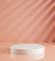 3D render, Illustration. A cylinder, podium, pedestal in soft pastel colors. Geometric shapes composition with empty space for product design show. Minimalistic. Studio background. Leaves shadow. 