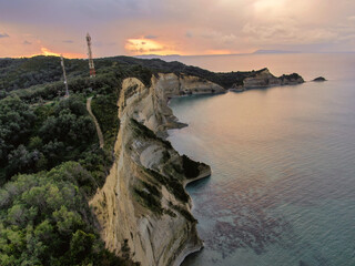 Peroulades cliffs sunset aerial view