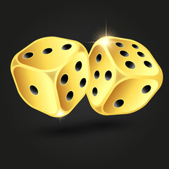 Gold dice isolated on black background. Vector illustration