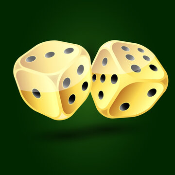 Gold dice isolated on dark green background. Vector illustration