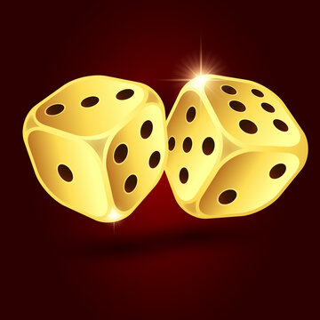 Gold dice isolated on dark red background. Vector illustration