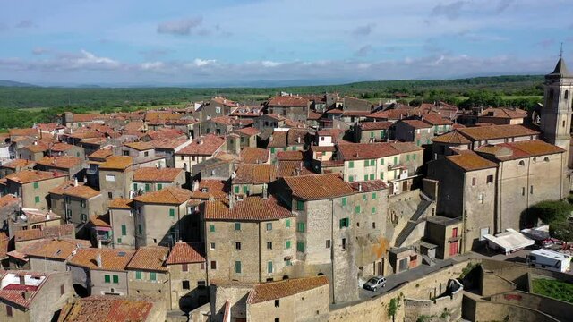 Medieval village Farnese in tuffa rocks (viterbo province). Traditional villages of Italy.
Aerial view between the alleys and outside of Farnese in the province of Viterbo, Lazio Italy.