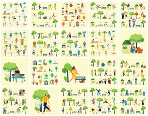 Vector illustration backgrounds of group people walking outdoor in the park on weekend