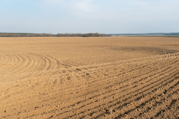 a freshly plowed field before sowing grain crops, wheat and barley. Preparation of the soil for sowing seeds. The sowing season.