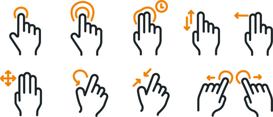 Hand touch gestures icons set. Left, right, up, down. Yellow and black colours. Vector illustration