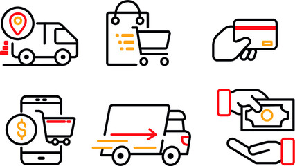 Online shopping icons set. Car, shopping, payment. Vector illustration.