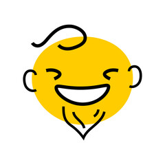 Abstract yellow face with wide smile, hair, ears and beard. Character icon design vector illustration isolated on white background. Expression people emotion