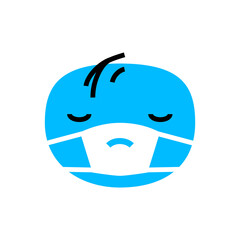 Abstract blue upset face with mask on his mouth and nose. Character icon design vector illustration isolated on white background. Expression people emotion