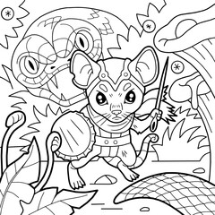 Fototapeta na wymiar cartoon little mouse knight, coloring book, outline illustration
