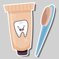 dental art. Toothpaste and toothbrush sticker. oral hygiene concept