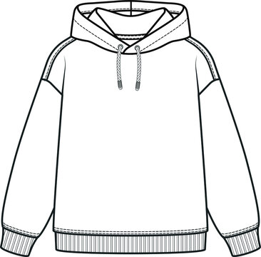 Hoodie flat sketch for kids. Hooded sweatshirt technical drawing. Hoodie sweatshirt design templates