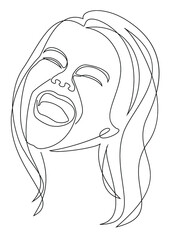 Woman head silhouette in modern one line style. The lady laughs. Continuous line drawing, aesthetic outline for home decor, posters, wall art, stickers, logo. Vector illustrations.