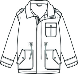 COAT Flat Sketch. Technical drawing APPAREL template. WATER REPELLENT FOR KIDS. © DeepPurple