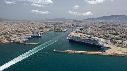 Aerial drone photo of popular port of Piraeus, Attica, Greece