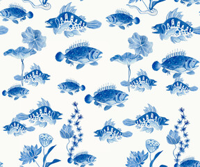 hand illustrated watercolor repeat pattern, classic blue and white motifs, inspired by Chinese vases