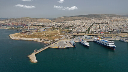 Aerial drone photo of popular port of Piraeus, Attica, Greece