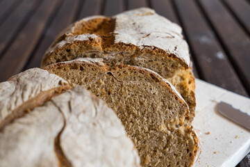 close-up of homemade cut rye bread with traditional natural sourdough