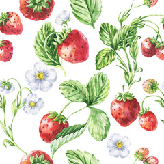 Watercolour strawberry seamless pattern. Watercolor illustration.