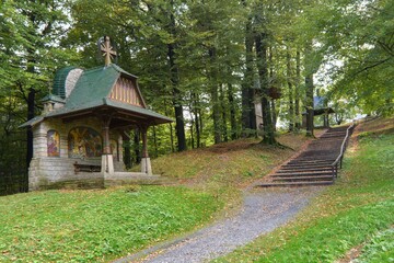 Hostyn. Stairs around the 3rd to 5th stop of Jurkovic's Stations of the Cross. Czechia. Europe. 