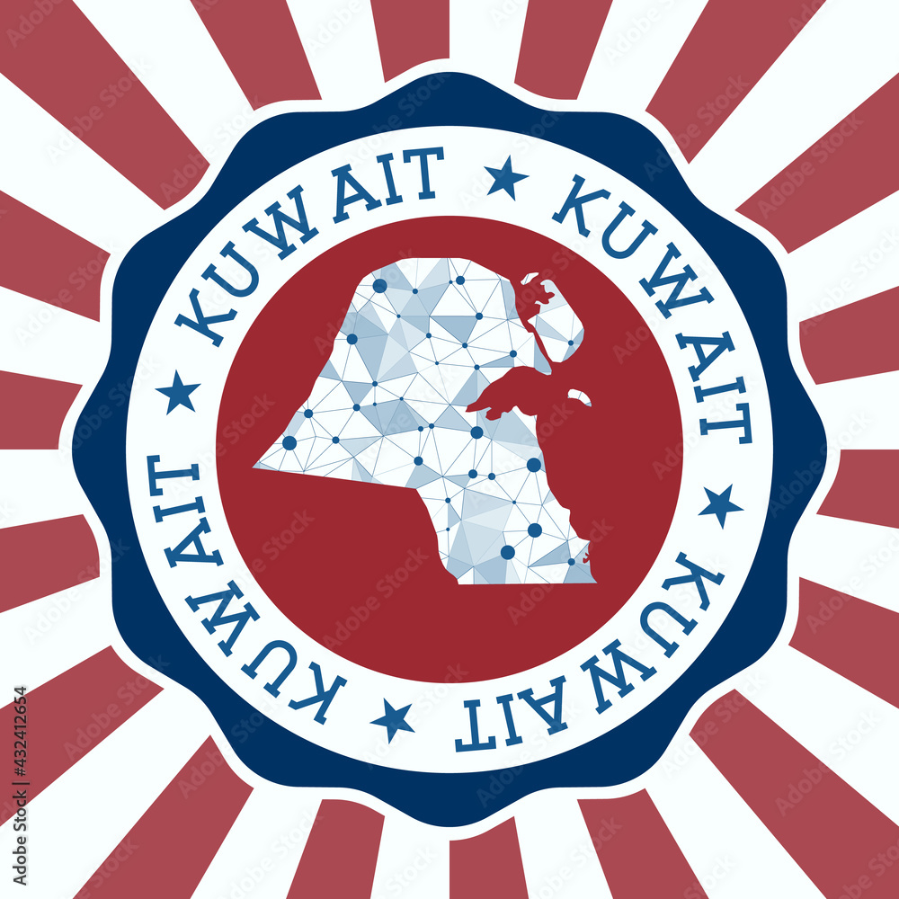 Poster kuwait badge. round logo of the country with a triangular mesh map and radial rays. eps10 vector.