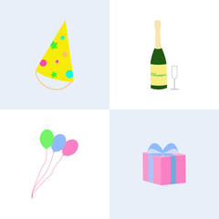 Set of birthday party elements. Decoration for celebration. Bundle cliparts from party hat, champagne, glass, balloon, gift. Cartoon vector illustration in flat style. May use for stickers, postcard