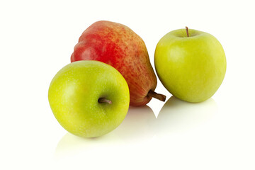 a pear and two green apples