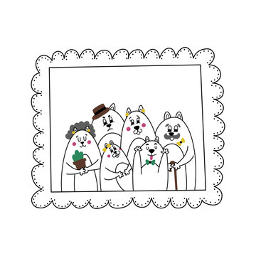 Beautiful cute family portrait of cats. Ancient family photo shoot. Illustration with animals for children's book, coloring, poster. Comic cats grimace at camera. Father is angry. Son is brawling.