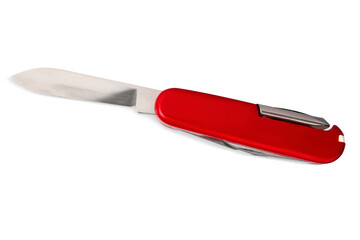 A red pocket knife on white background, isolated. - obrazy, fototapety, plakaty