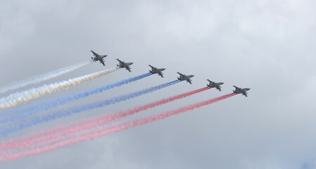 Russian military aircraft fly in the sky.