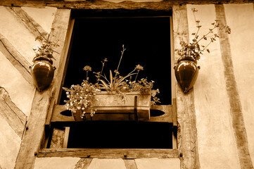 Old half timbered house house decorated with flowers.  Brittany, France. Sepia historic photo.