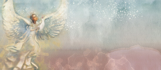 Angel with bird. Watercolor background, design element