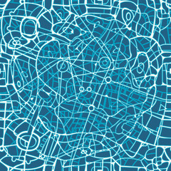 Seamless pattern in the form of an abstract blue city map. Vector repeating background with a schematic road plan. Decorative urban texture, suitable for wallpaper, wrapping paper, fabric