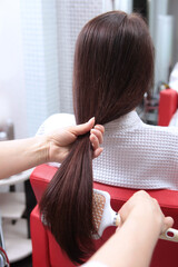 Fototapeta premium Long dark hair after spa treatments. The comb is in the hands of the hairdresser. Spa treatments for scalp and hair. Beauty concept. Back view.