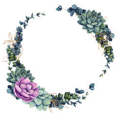 Wreath of Watercolor Succulents, Golden Elements and Flower