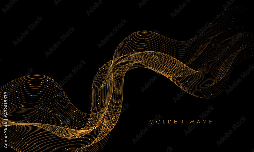 Aufkleber Abstract Gold Waves. Shiny golden moving lines design element with glitter effect on dark background for greeting card and disqount voucher.