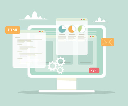 Computer with open pages, communication and analytics, business management. Vector business concept of working at the computer.