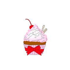 Cupcake in a pink shape with a red bow and pink icing on a white background.