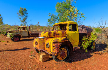rusty container truck of Battery Hill Mining Center, Tennant Creek in Northern Territory, Central Australia. Old underground mine, now is a famous tourist attraction.