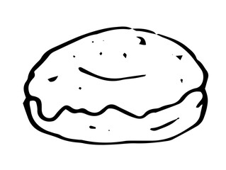 Vector donut drawn by hand with a black line on a white background for a menu design template, packaging, signage. isolated sweet baking doughnut element side view with icing on top and dots texture