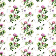 Watercolor Clover Flowers and Meadow Grass Floral Pattern