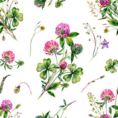 Watercolor Clover Flowers and Meadow Grass Floral Pattern