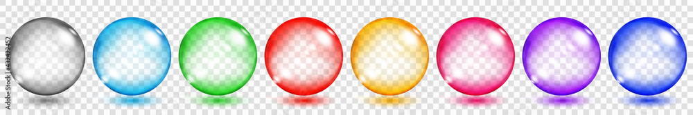 Poster set of translucent colored spheres with glares and shadows on transparent background. transparency o