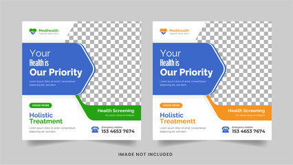 Fototapeta premium Medical or health care social media post design template editable web banner geometric shapes square flyer Premium Vector ads