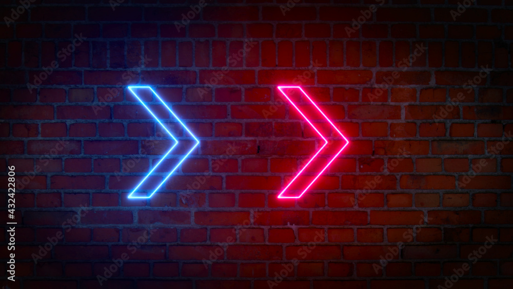 Poster 3d rendering of glowing neon arrows on a brick wall background. can be used to create a variety of p