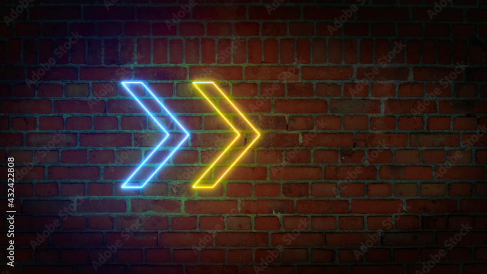 Poster 3d rendering of glowing neon arrows on a brick wall background. can be used to create a variety of p